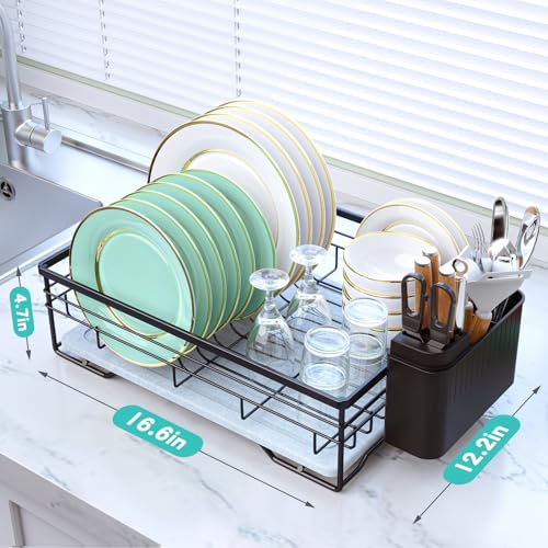 VABNEER Dish Drying Rack with Stone Drying Mat, Quick-Drying/Stainless/Super Sturdy/Space-Saving, Dish Strainers for Kitchen Counter, Escurridor de Trastes para Cocina (Black) - My Kitchen Products