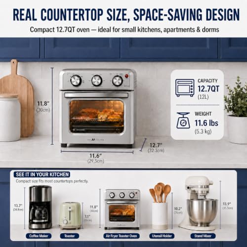 VAL CUCINA 6-in-1 Air Fryer Toaster Oven Combo, Compact 12.7 QT Small Countertop Convection Oven, Fits 9" Pizza & 4 Toast, Hexagon Hybrid Heating, Enamel Baking Pan Included, Stainless Steel Finish - My Kitchen Products