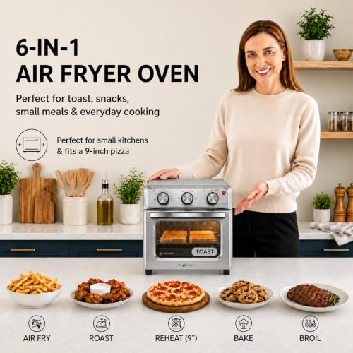 VAL CUCINA 6-in-1 Air Fryer Toaster Oven Combo, Compact 12.7 QT Small Countertop Convection Oven, Fits 9" Pizza & 4 Toast, Hexagon Hybrid Heating, Enamel Baking Pan Included, Stainless Steel Finish - My Kitchen Products