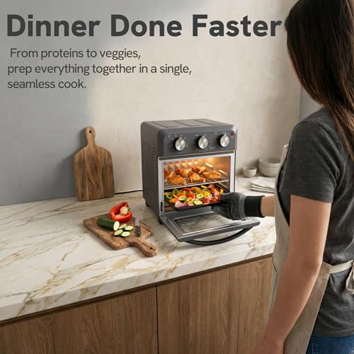 VAL CUCINA 6-in-1 Retro Air Fryer Toaster Oven Combo, Compact 12.7 QT Small Countertop Convection Oven, Fits 9" Pizza & 4 Toast, Hexagon Hybrid Heating, Enamel Baking Pan Included, Dark Grey Color - My Kitchen Products