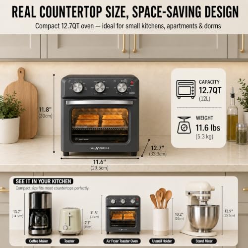 VAL CUCINA 6-in-1 Retro Air Fryer Toaster Oven Combo, Compact 12.7 QT Small Countertop Convection Oven, Fits 9" Pizza & 4 Toast, Hexagon Hybrid Heating, Enamel Baking Pan Included, Dark Grey Color - My Kitchen Products