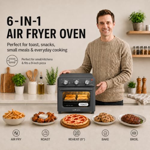 VAL CUCINA 6-in-1 Retro Air Fryer Toaster Oven Combo, Compact 12.7 QT Small Countertop Convection Oven, Fits 9" Pizza & 4 Toast, Hexagon Hybrid Heating, Enamel Baking Pan Included, Dark Grey Color - My Kitchen Products