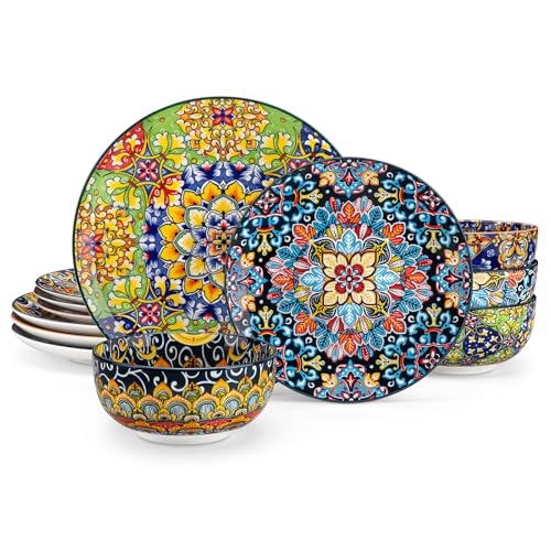 vancasso 12 Pieces Dinnerware Sets, Plates and Bowls Set, Porcelain Dishes Set for 4, Microwave and Dishwasher Safe, Scratch Resistant, Bohemian Style Dining Ware Service for 4, Series SIMI - My Kitchen Products