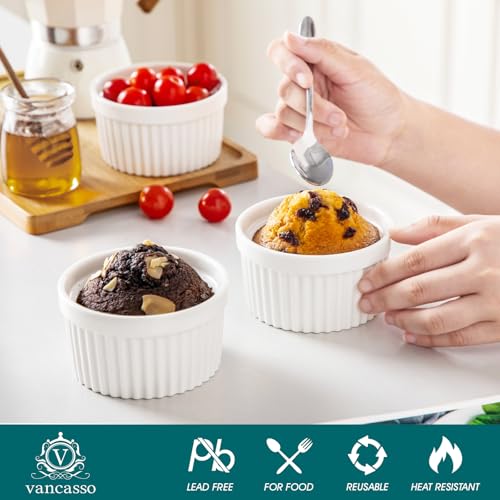 vancasso 8 oz Ramekins with Lid, Porcelain Creme Brulee Souffle Dishes, White Pudding Custard Cups Ramiken for Baking, Dishwasher and Oven Safe, Set of 6 - My Kitchen Products