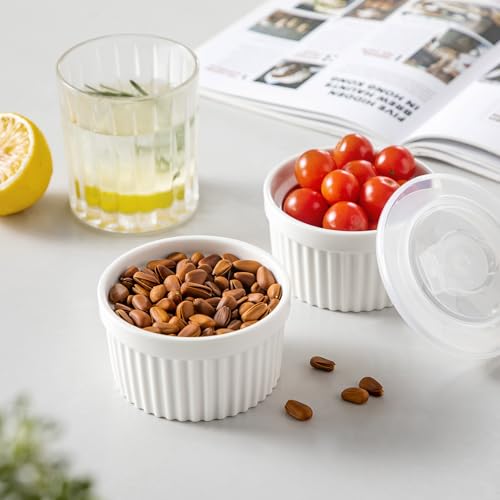 vancasso 8 oz Ramekins with Lid, Porcelain Creme Brulee Souffle Dishes, White Pudding Custard Cups Ramiken for Baking, Dishwasher and Oven Safe, Set of 6 - My Kitchen Products