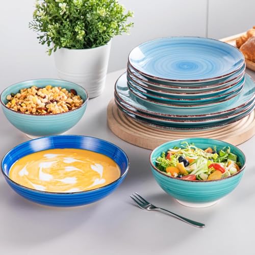 vancasso Bonita Stoneware Dinnerware Sets 24 Pieces Service for 6, Hand-Painted Spiral Dishes Set, Ceramic Kitchen Plates and Bowls Sets-Microwave and Dishwasher Safe (Blue,24 Pcs) - My Kitchen Products