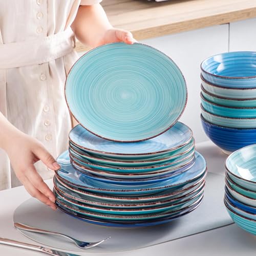 vancasso Bonita Stoneware Dinnerware Sets 24 Pieces Service for 6, Hand-Painted Spiral Dishes Set, Ceramic Kitchen Plates and Bowls Sets-Microwave and Dishwasher Safe (Blue,24 Pcs) - My Kitchen Products
