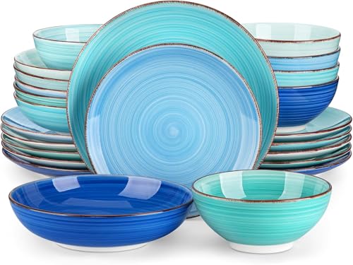 vancasso Bonita Stoneware Dinnerware Sets 24 Pieces Service for 6, Hand-Painted Spiral Dishes Set, Ceramic Kitchen Plates and Bowls Sets-Microwave and Dishwasher Safe (Blue,24 Pcs) - My Kitchen Products