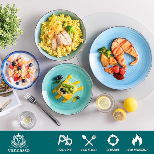 vancasso Bonita Stoneware Dinnerware Sets 24 Pieces Service for 6, Hand-Painted Spiral Dishes Set, Ceramic Kitchen Plates and Bowls Sets-Microwave and Dishwasher Safe (Blue,24 Pcs) - My Kitchen Products