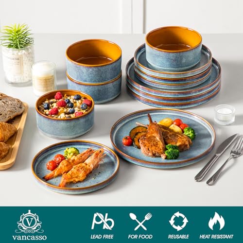 vancasso ONION Ceramic Dinnerware Sets, 12 Pieces Stoneware Plates and Bowls Sets for 4, Reactive Glaze Dishes Set for Kitchen, Dishwasher and Microwave Safe, Blue - My Kitchen Products