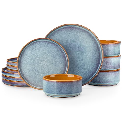 vancasso ONION Ceramic Dinnerware Sets, 12 Pieces Stoneware Plates and Bowls Sets for 4, Reactive Glaze Dishes Set for Kitchen, Dishwasher and Microwave Safe, Blue - My Kitchen Products