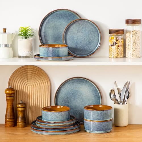vancasso ONION Ceramic Dinnerware Sets, 12 Pieces Stoneware Plates and Bowls Sets for 4, Reactive Glaze Dishes Set for Kitchen, Dishwasher and Microwave Safe, Blue - My Kitchen Products