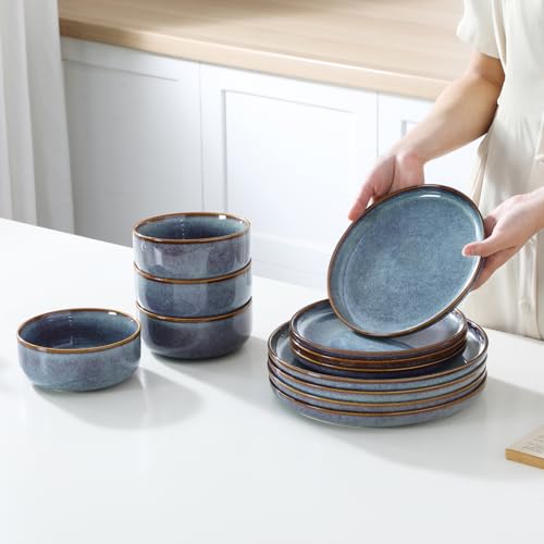 vancasso PLAYA Plates and Bowls Sets, 12 Pieces Grey-Blue Dinnerware Sets for Kitchen, Reactive Glaze Dishes Set for 4, Dishwasher and Microwave Safe - My Kitchen Products