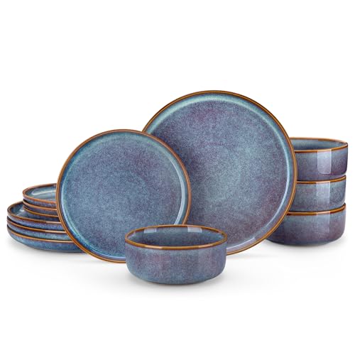 vancasso PLAYA Plates and Bowls Sets, 12 Pieces Grey-Blue Dinnerware Sets for Kitchen, Reactive Glaze Dishes Set for 4, Dishwasher and Microwave Safe - My Kitchen Products