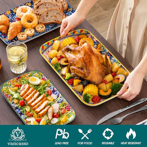 vancasso Serving Platters Set of 3, 16"/14"/12" Inch Rectangular Trays - Extra Large, Ceramic Bohemian Serving Dish for Entertaining Food, Microwave & Dishwasher Safe, Vintage - My Kitchen Products