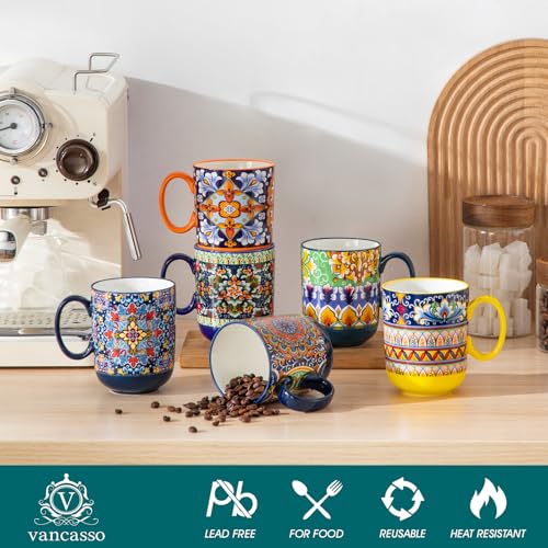 vancasso Simi Boho Coffee Mugs Set of 6, 14 oz Ceramic Mugs with Handle, Colorful Porcelain Cups Microwave Dishwasher Safe, for Latte Tea Cappuccino Cocoa Hot Chocolate - My Kitchen Products