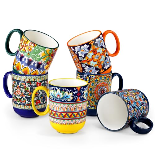 vancasso Simi Boho Coffee Mugs Set of 6, 14 oz Ceramic Mugs with Handle, Colorful Porcelain Cups Microwave Dishwasher