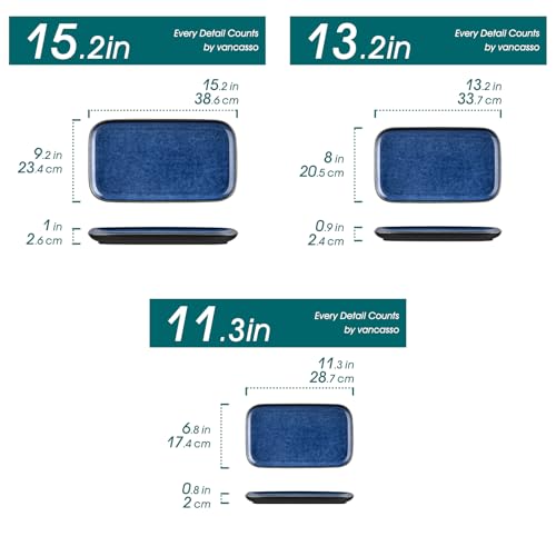 vancasso Stern Serving Platters Set of 3, 15/13/ 11 Inches Rectangular Serving Plates, Blue Serving Trays for Entertaining, Party - My Kitchen Products