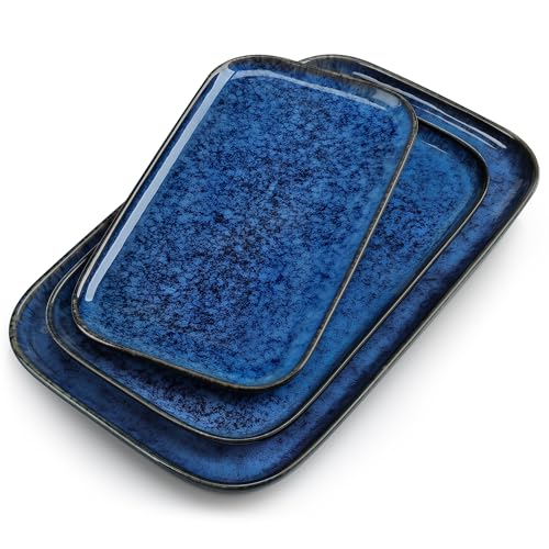 vancasso Stern Serving Platters Set of 3, 15/13/ 11 Inches Rectangular Serving Plates, Blue Serving Trays for Entertaining