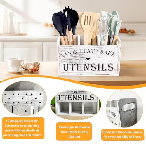 VANEME Utensil Holder,Wooden Utensil Holder for Kitchen Counter, Cooking Utensil Organizer with 3 Compartments,Utensil Crock for Silverware Spoon Spatula - My Kitchen Products