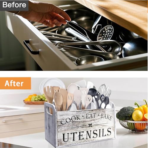 VANEME Utensil Holder,Wooden Utensil Holder for Kitchen Counter, Cooking Utensil Organizer with 3 Compartments,Utensil Crock for Silverware Spoon Spatula - My Kitchen Products