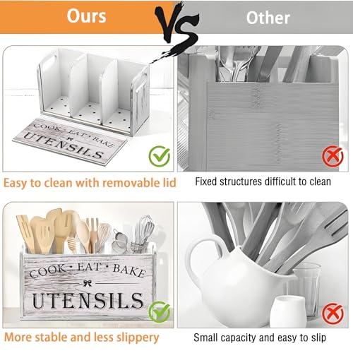 VANEME Utensil Holder,Wooden Utensil Holder for Kitchen Counter, Cooking Utensil Organizer with 3 Compartments,Utensil Crock for Silverware Spoon Spatula - My Kitchen Products