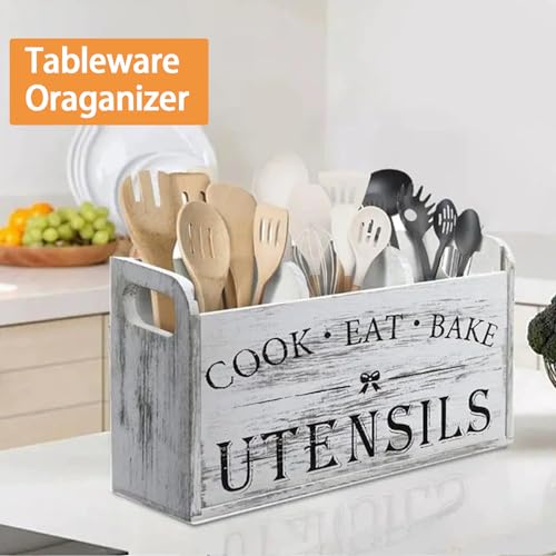 VANEME Utensil Holder,Wooden Utensil Holder for Kitchen Counter, Cooking Utensil Organizer with 3 Compartments,Utensil Crock for Silverware Spoon Spatula - My Kitchen Products