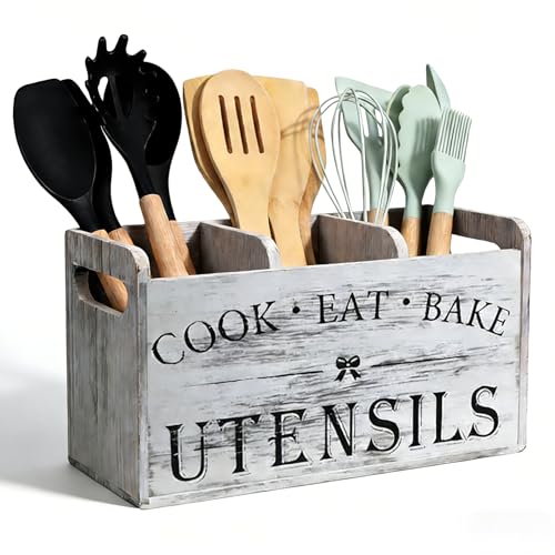VANEME Utensil Holder,Wooden Utensil Holder for Kitchen