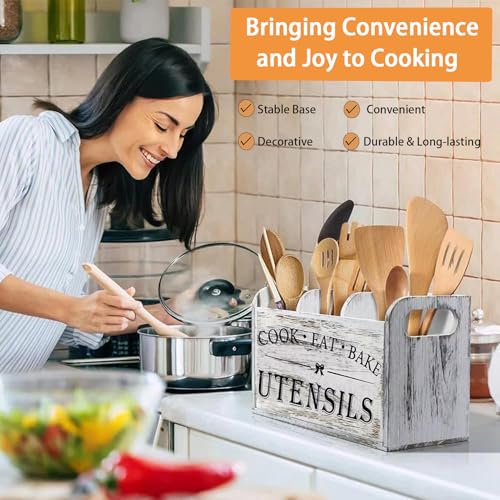 VANEME Utensil Holder,Wooden Utensil Holder for Kitchen Counter, Cooking Utensil Organizer with 3 Compartments,Utensil Crock for Silverware Spoon Spatula - My Kitchen Products