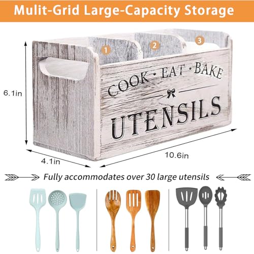 VANEME Utensil Holder,Wooden Utensil Holder for Kitchen Counter, Cooking Utensil Organizer with 3 Compartments,Utensil Crock for Silverware Spoon Spatula - My Kitchen Products