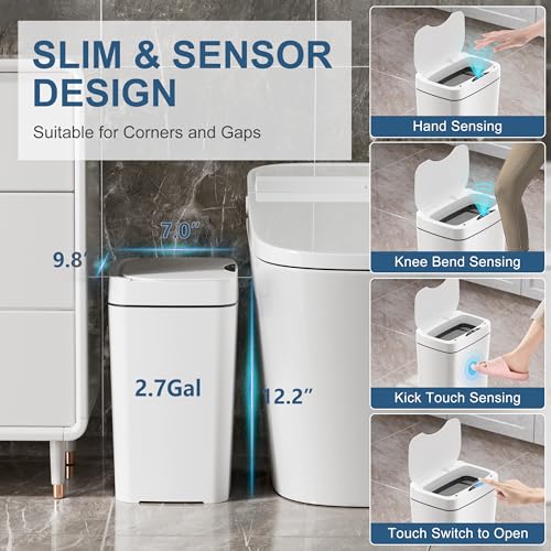 Vanpopubs 2 Pack 2.7 Gal Bathroom Trash Can with Lid, Automatic Trash Can Small Smart Garbage Can Touchless, Slim Motion Sensor Waterproof Plastic Trash Bins for Bedroom Office Kitchen Toilet - My Kitchen Products