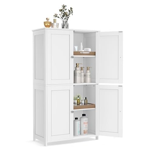 VASAGLE Floor Storage Cabinet, Shaker Cabinet with 2 Adjustable Shelves, 4 Doors, Tall Freestanding Organizer Unit, for Kitchen Bathroom Living Room, Cloud White UBBC553WH01S - My Kitchen Products
