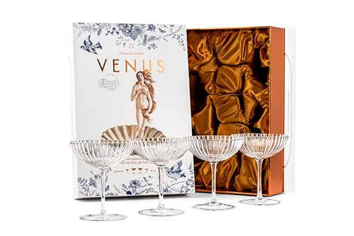 Venus Seashell Coupe Cocktail Glasses, Set of 4, 8 oz Crystal Ribbed Champagne Saucers for Drinking P-Star and Espresso