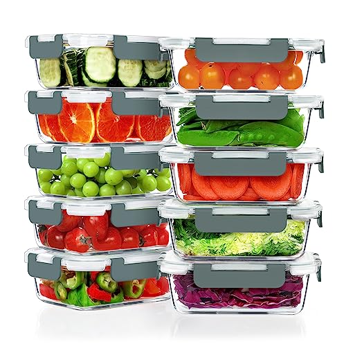 VERONES 10 Pack 22 OZ Glass Meal Prep Containers, Airtight Glass Lunch Containers Set, Glass Food Storage Containers with Lids,Exclusive of BPA, for Microwave, Oven, Freezer & Dishwasher Friendly,Grey - My Kitchen Products