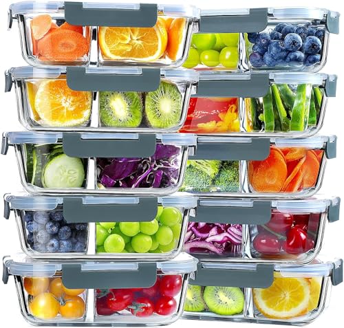VERONES 10 Pack Glass Meal Prep Containers 2 Compartment Set, 30 OZ Airtight Glass Lunch Containers, Glass Food Storage Containers with Lids, for Microwave, Oven, Freezer & Dishwasher Friendly，Grey - My Kitchen Products