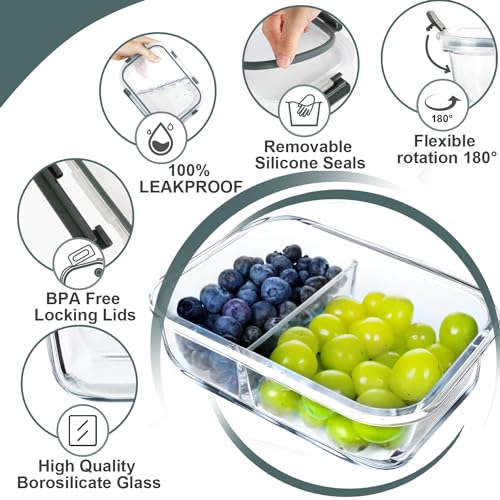 VERONES 10 Pack Glass Meal Prep Containers 2 Compartment Set, 30 OZ Airtight Glass Lunch Containers, Glass Food Storage Containers with Lids, for Microwave, Oven, Freezer & Dishwasher Friendly，Grey - My Kitchen Products