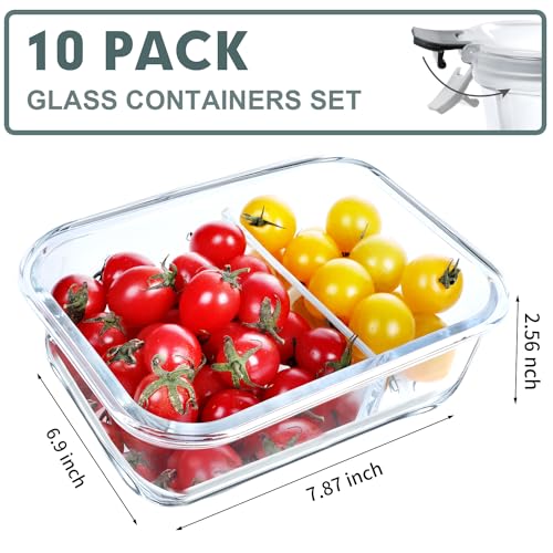 VERONES 10 Pack Glass Meal Prep Containers 2 Compartment Set, 30 OZ Airtight Glass Lunch Containers, Glass Food Storage Containers with Lids, for Microwave, Oven, Freezer & Dishwasher Friendly，Grey - My Kitchen Products