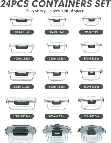 VERONES 12 Packs Glass Food Storage Containers Set, Airtight Glass Lunch Containers, Glass Meal Prep Containers with Lids,Exclusive of BPA, for Microwave, Oven, Freezer & Dishwasher Friendly,Grey - My Kitchen Products