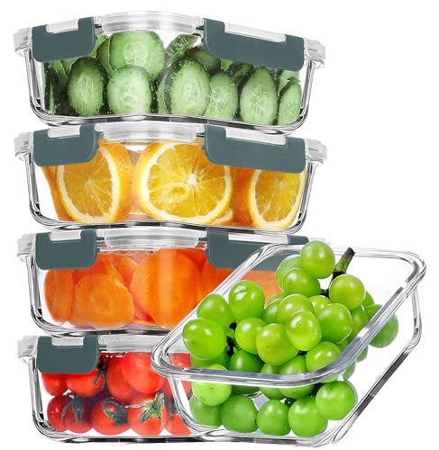 VERONES 5 Pack 36 OZ Glass Meal Prep Containers, Airtight Glass Lunch Containers Set, Glass Food Storage Containers with Lids,Exclusive of BPA, for Microwave, Oven, Freezer & Dishwasher Friendly,Grey - My Kitchen Products