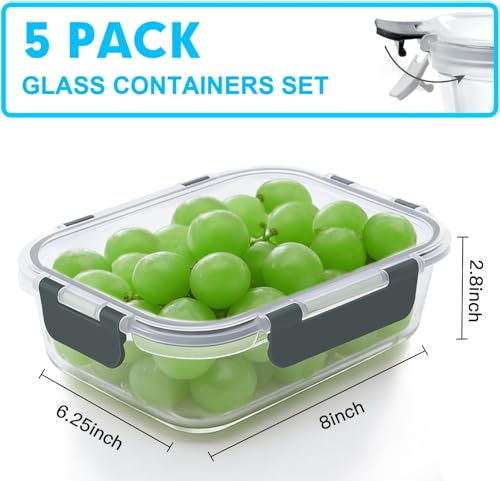VERONES 5 Pack 36 OZ Glass Meal Prep Containers, Airtight Glass Lunch Containers Set, Glass Food Storage Containers with Lids,Exclusive of BPA, for Microwave, Oven, Freezer & Dishwasher Friendly,Grey - My Kitchen Products