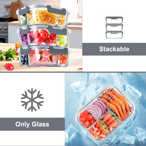VERONES 5 Pack Glass Meal Prep Containers 3 Compartment Set, 36OZ Airtight Glass Lunch Containers, Glass Food Storage Containers with Lids, for Microwave, Oven, Freezer & Dishwasher Friendly,Grey - My Kitchen Products