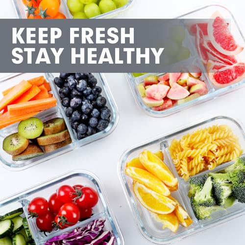 VERONES 5 Pack Glass Meal Prep Containers 3 Compartment Set, 36OZ Airtight Glass Lunch Containers, Glass Food Storage Containers with Lids, for Microwave, Oven, Freezer & Dishwasher Friendly,Grey - My Kitchen Products