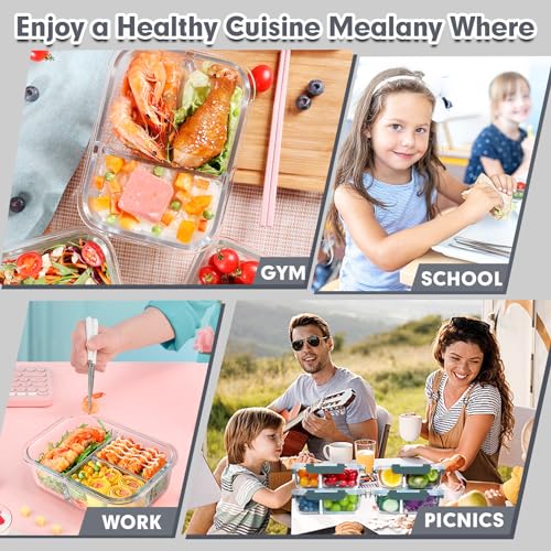 VERONES 5 Pack Glass Meal Prep Containers 3 Compartment Set, 36OZ Airtight Glass Lunch Containers, Glass Food Storage Containers with Lids, for Microwave, Oven, Freezer & Dishwasher Friendly,Grey - My Kitchen Products