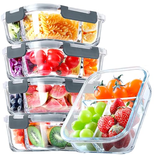 VERONES 5 Pack Glass Meal Prep Containers 3 Compartment Set, 36OZ Airtight Glass Lunch Containers, Glass Food Storage Containers with Lids, for Microwave, Oven, Freezer & Dishwasher Friendly,Grey - My Kitchen Products