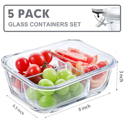 VERONES 5 Pack Glass Meal Prep Containers 3 Compartment Set, 36OZ Airtight Glass Lunch Containers, Glass Food Storage Containers with Lids, for Microwave, Oven, Freezer & Dishwasher Friendly,Grey - My Kitchen Products
