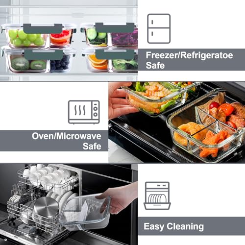 VERONES 5 Pack Glass Meal Prep Containers 3 Compartment Set, 36OZ Airtight Glass Lunch Containers, Glass Food Storage Containers with Lids, for Microwave, Oven, Freezer & Dishwasher Friendly,Grey - My Kitchen Products