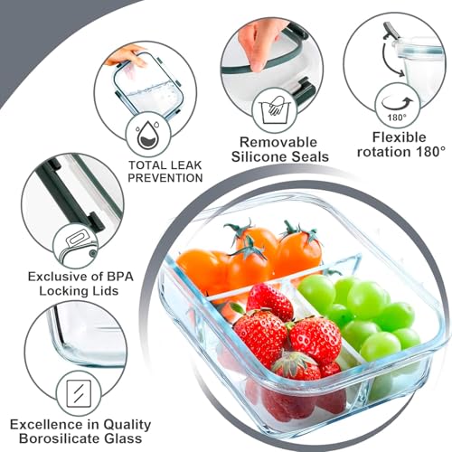 VERONES 5 Pack Glass Meal Prep Containers 3 Compartment Set, 36OZ Airtight Glass Lunch Containers, Glass Food Storage Containers with Lids, for Microwave, Oven, Freezer & Dishwasher Friendly,Grey - My Kitchen Products