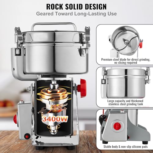 VEVOR 2000g Electric Grain Mill Grinder, High Speed 3400W Commercial Spice Grinders, Stainless Steel Pulverizer Powder Machine, for Dry Grains Spices Cereals Coffee Corn Pepper, Swing Type - My Kitchen Products