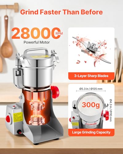 VEVOR 300g Electric Grain Mill Grinder, High Speed 1500W Commercial Spice Grinders, Stainless Steel Pulverizer Powder Machine, for Dry Grains Spices Cereals Coffee Corn Pepper, Swing Type - My Kitchen Products
