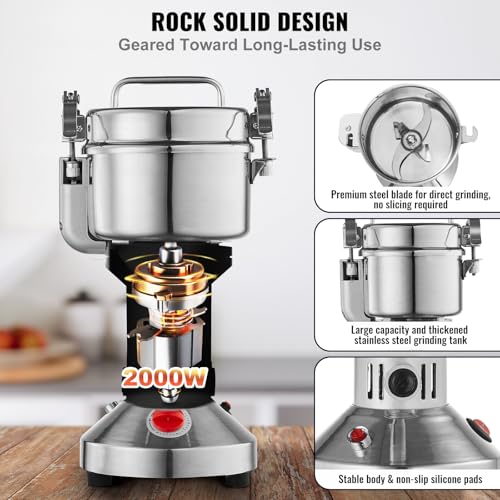 VEVOR 550g Electric Grain Mill Grinder, High Speed 2000W Commercial Spice Grinders, Stainless Steel Pulverizer Powder Machine, for Dry Grains Spices Cereals Coffee Corn Pepper, Straight Type - My Kitchen Products